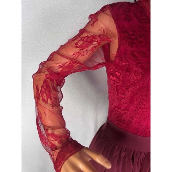NWOT Beautiful red lace semi sheer sleeves upper silky wine lower maxi dress S - Picture 4 of 12